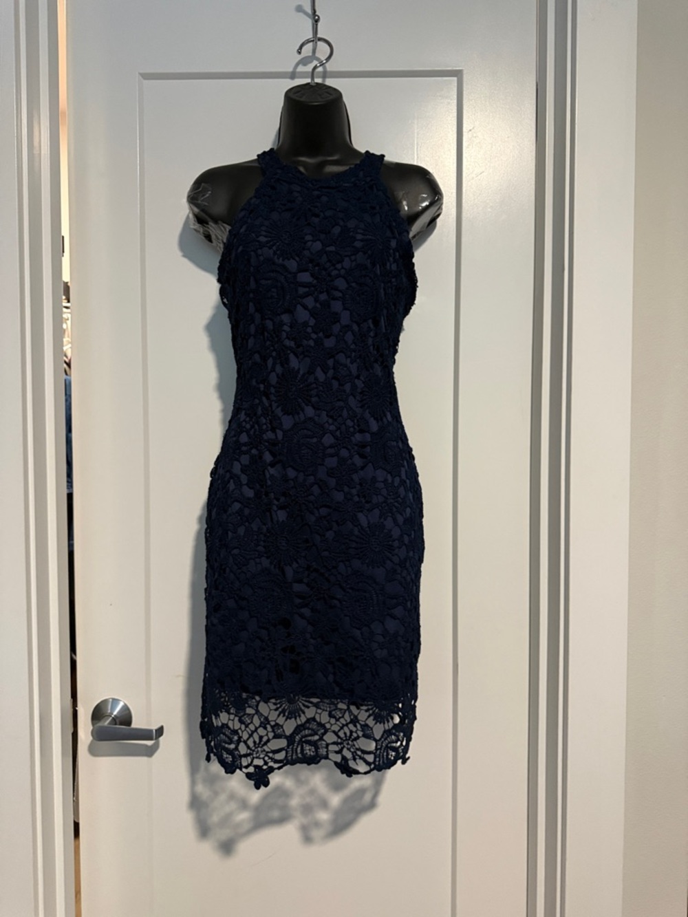 Navy Lace Halter Sheath Dress